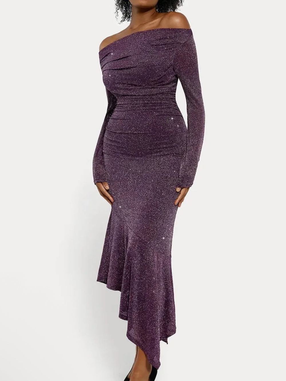 Popilush Shapewear Metallic Knit Long Sleeve Slim Mermaid Maxi Dress